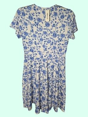 MSBASIC Women Blue White Floral Wrap V-Neck Short Sleeve Mini Dress Size M NWT